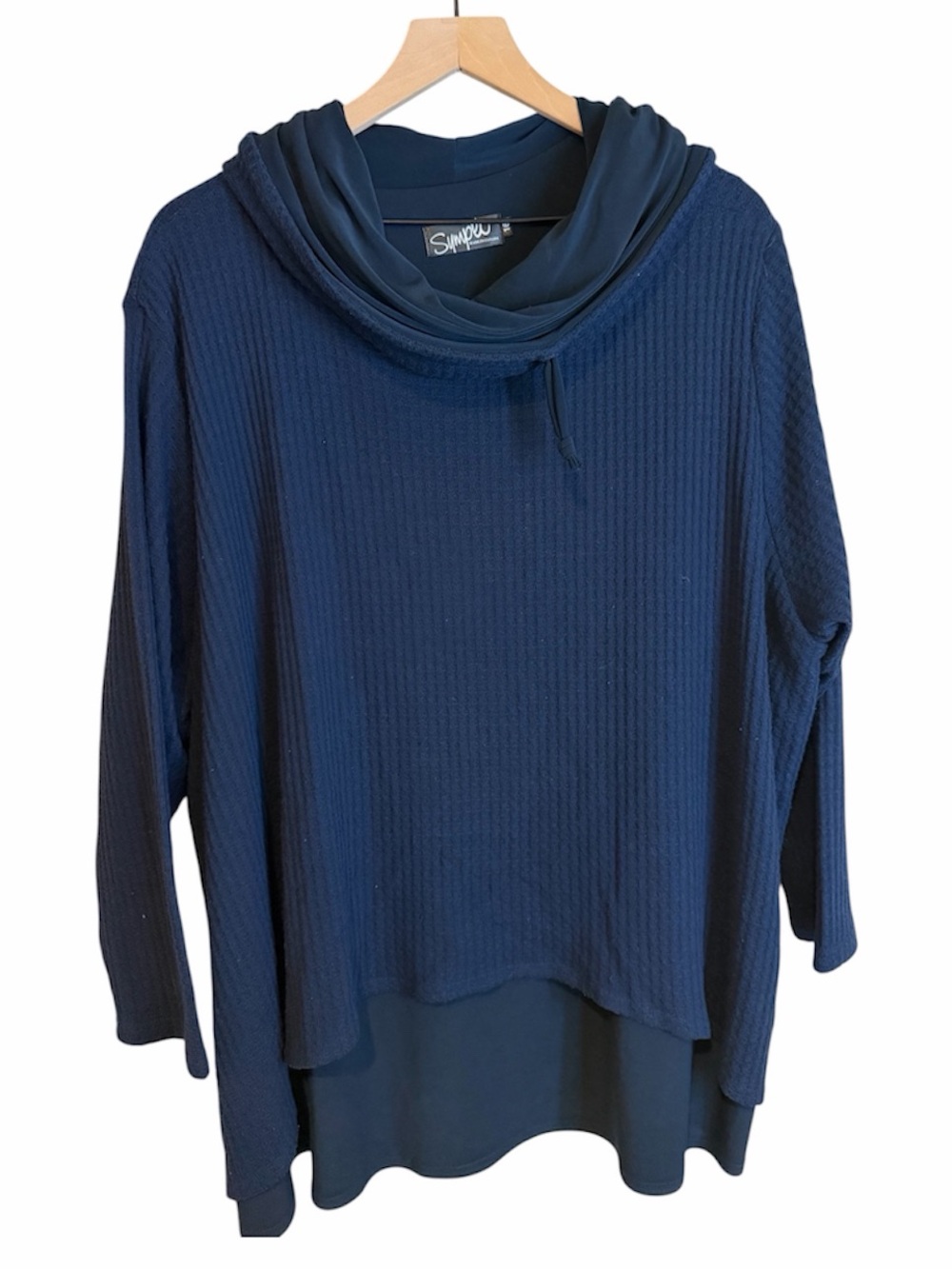 Sympli Navy Blue Waffle Knit Sweater Layered Jersey Underlay Cowl Neck 16